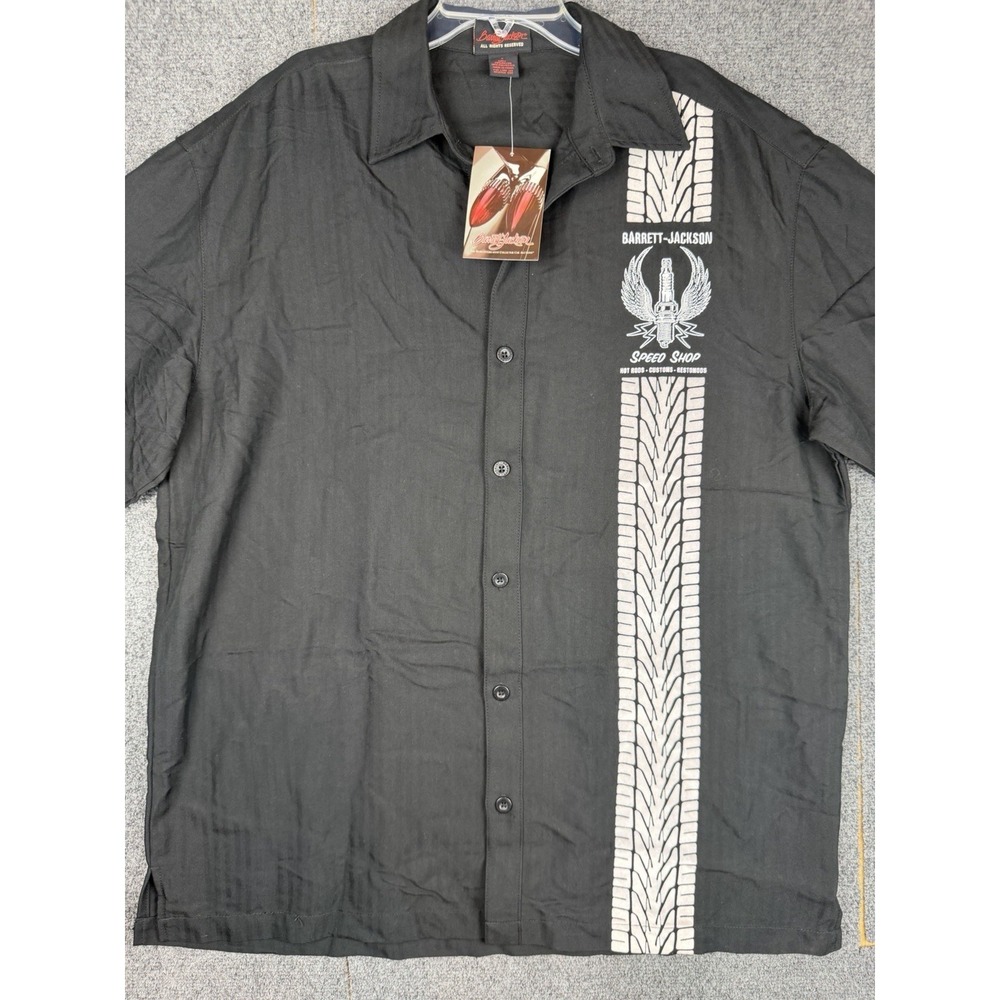 NEW Barrett Jackson Speed Shop Mens Black Button Camp Shirt Size L Embroidered